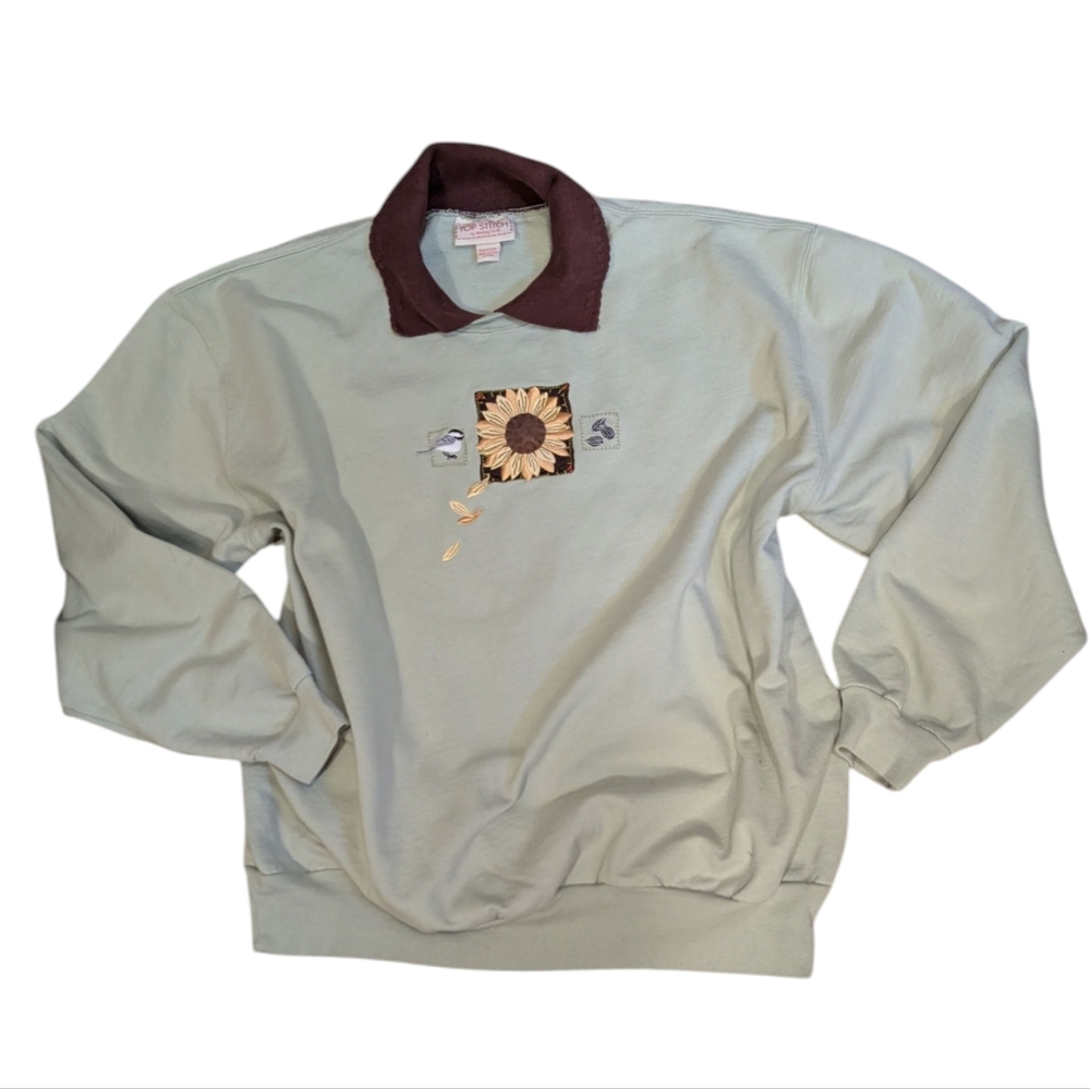 Vintage 90s Women's Green Embroidered flower Bird Collar Sweatshirt Sz 2X‎